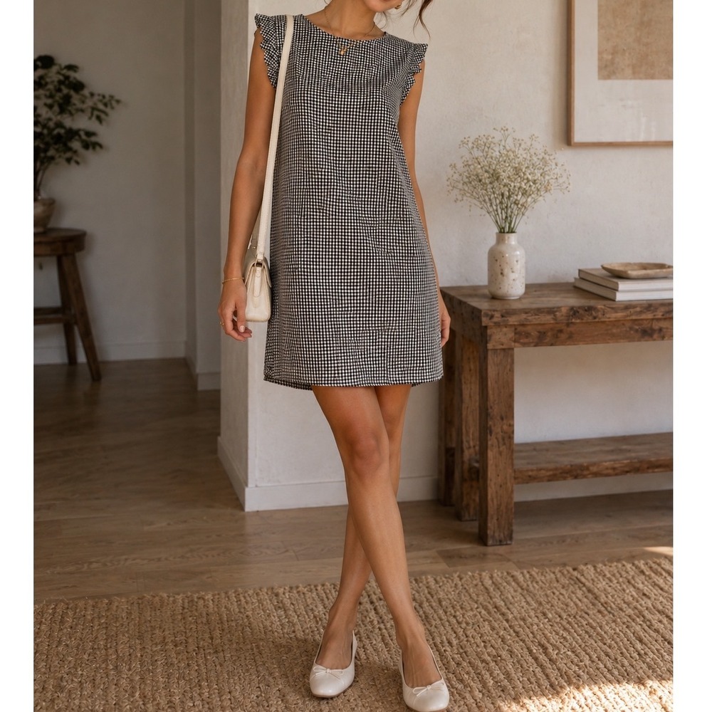 Cynthia Rowley Gingham Linen Blend Ruffle Shift Mini Dress Black White Size 6 zz